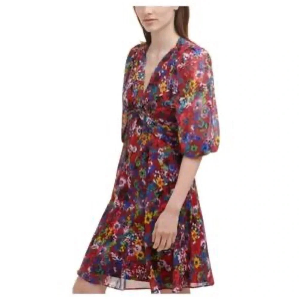 Calvin Klein Dress 2 Fit Flare Red Chiffon Floral Romantic Boho Balloon Sleeve‎